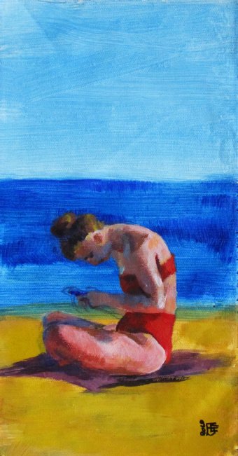 Malarstwo "Dziewczyna w czerwonym bikini", malarz Kateryna Bortsova akryl płótno w Jose Art Gallery