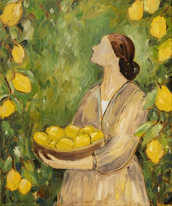 Peinture "Femme parmi les citrons", peintre Irina Anis huile toile à la Jose Art Gallery