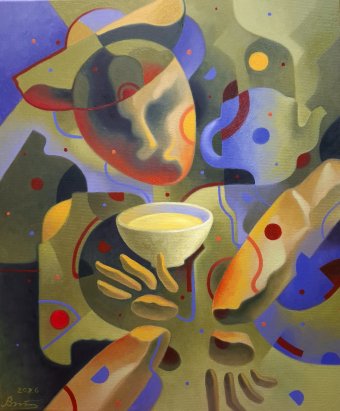 Painting "Drinking green tea" by painter Serhii Voichenko oil canvas at Jose Art Gallery
