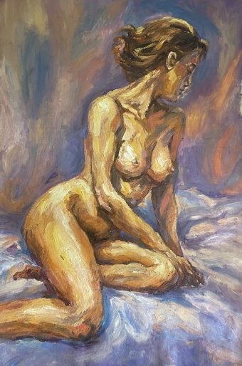 Peinture "Nuances de chaleur : Figure féminine", peintre Oksana Almiz huile toile à la Jose Art Gallery