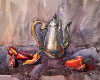 Peinture "Nature morte 5", peintre Aleksandr Romanenko aquarelle papier à la Jose Art Gallery
