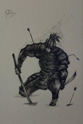 Painting "Wounded samurai" by painter Hernan Gianolli drawing ink paper at Jose Art Gallery