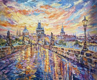 Peinture "Symphonie de Prague en soleils dorés", peintre Oksana Almiz huile toile à la Jose Art Gallery