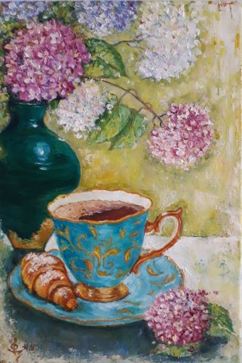 Pintura "Café com croissant", pintor Nadiya Ulyanich óleo tela de pintura na Jose Art Gallery