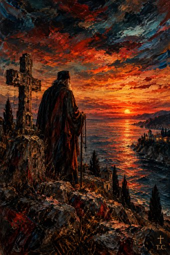 Arte digital "El último atardecer sobre el Monte Athos", artista digital Temnyy en Jose Art Gallery