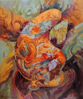 Peinture "Poire dans l'espace", peintre Serhii Voichenko huile toile à la Jose Art Gallery