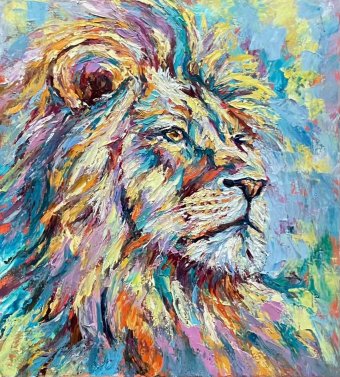 Peinture "Lion majestueux", peintre Oksana Almiz huile toile à la Jose Art Gallery