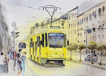 Painting "The yellow tram" by painter Yuliia Panchenko watercolor paper at Jose Art Gallery