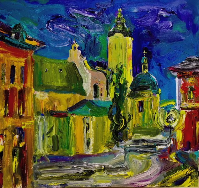 Expressionism Cityscapes Painting Night Lviv by painter Valentina Vaskjalite oil canvas 