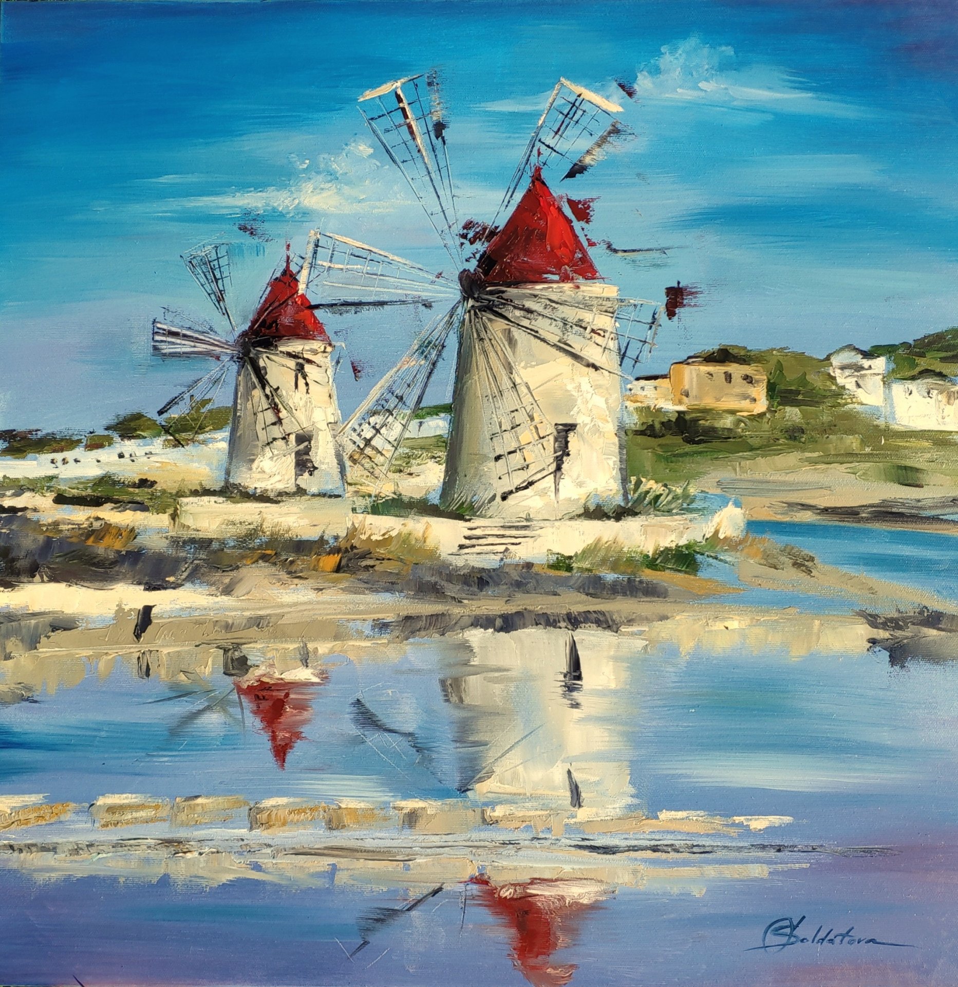 Sicily windmills Painting by Olga Soldatova