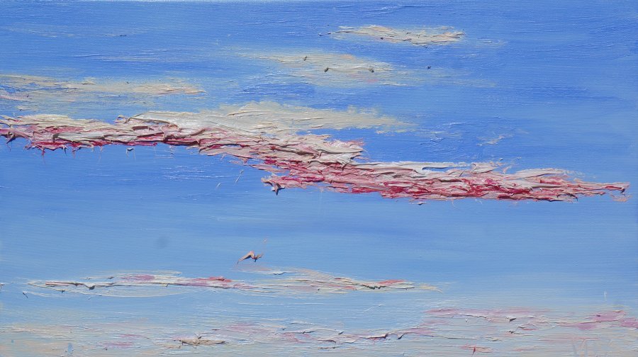 Contemporary Art Landscape Painting Pink wings of a celestial gull by painter Iryna Manukovska oil canvas 