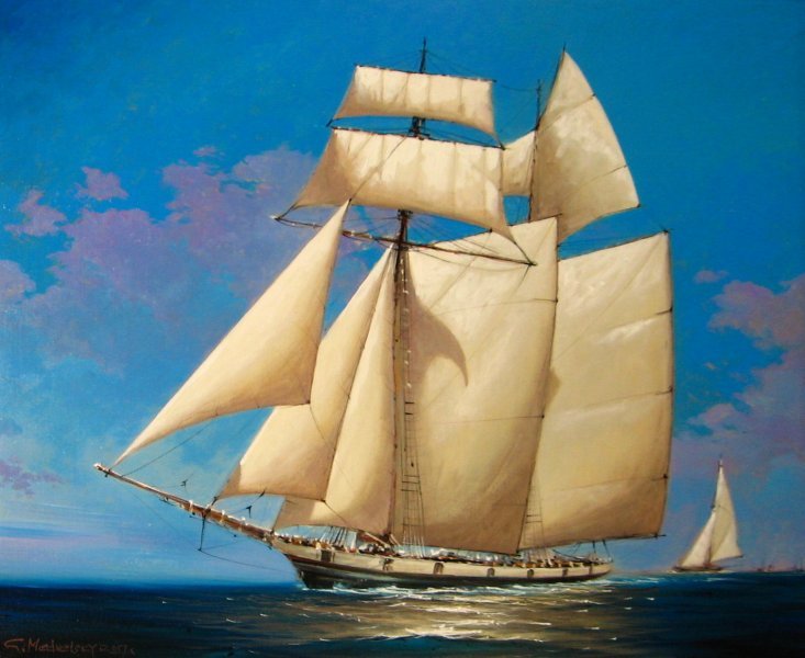 Fishing schooner Painting by German Medvetskyi