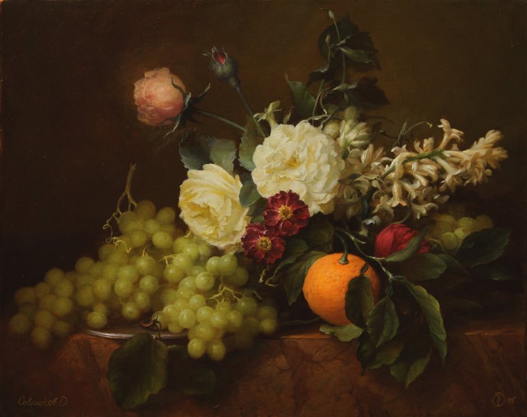 Roses and Mandarin Painting by Dmitry Sevryukov