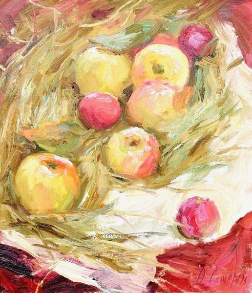 Apples on velour grasses Painting by Olga Samar