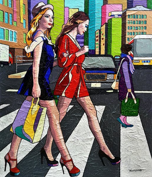 Pop Art Genre Painting The Walk Of Life Goes On by painter Vlado Vesselinov oil canvas 