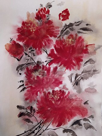 Painting "Peonies (Chinese painting)" | Artist Natalia Ovcharenko | Jose Art Gallery