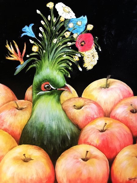 Abstract Flower Painting A bird in the apples by painter Vyacheslav Bitkin oil canvas 