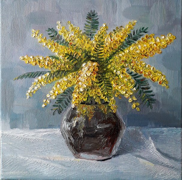 Figurative Still-Life Painting Mimosa by painter Aleksandr Rak oil canvas 