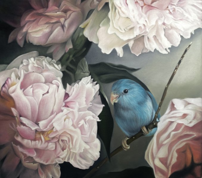 Oiseau dans les pivoines Peinture de Lina Gudym