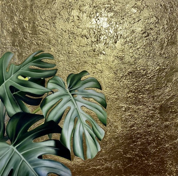 Monstera in gold Painting by Lina Gudym - Jose Art Gallery