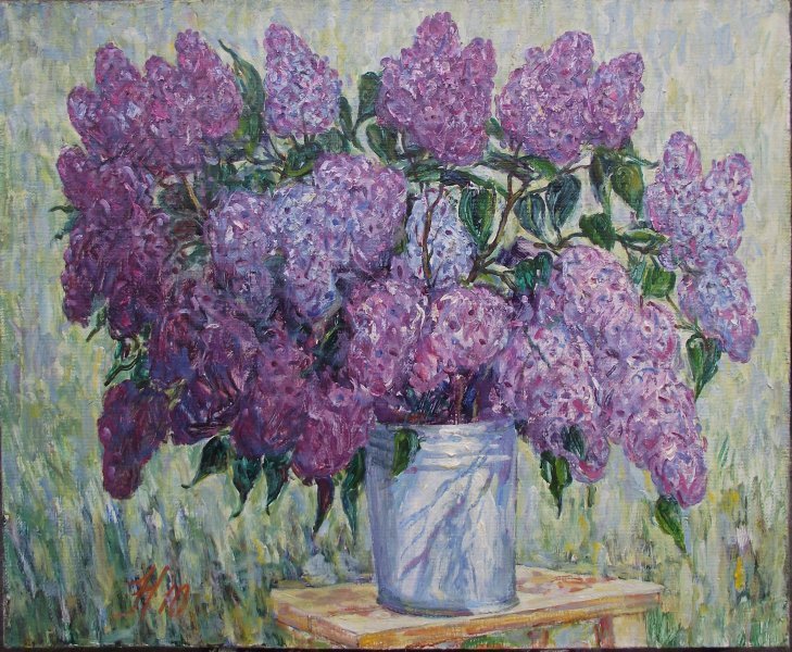 Lilacs in the garden. Painting by Valentine Negresco