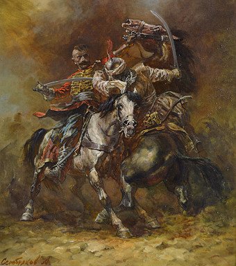 Painting "A duel of courage in Cossack realistic painting" by painter Andrey Serebryakov oil canvas at Jose Art Gallery