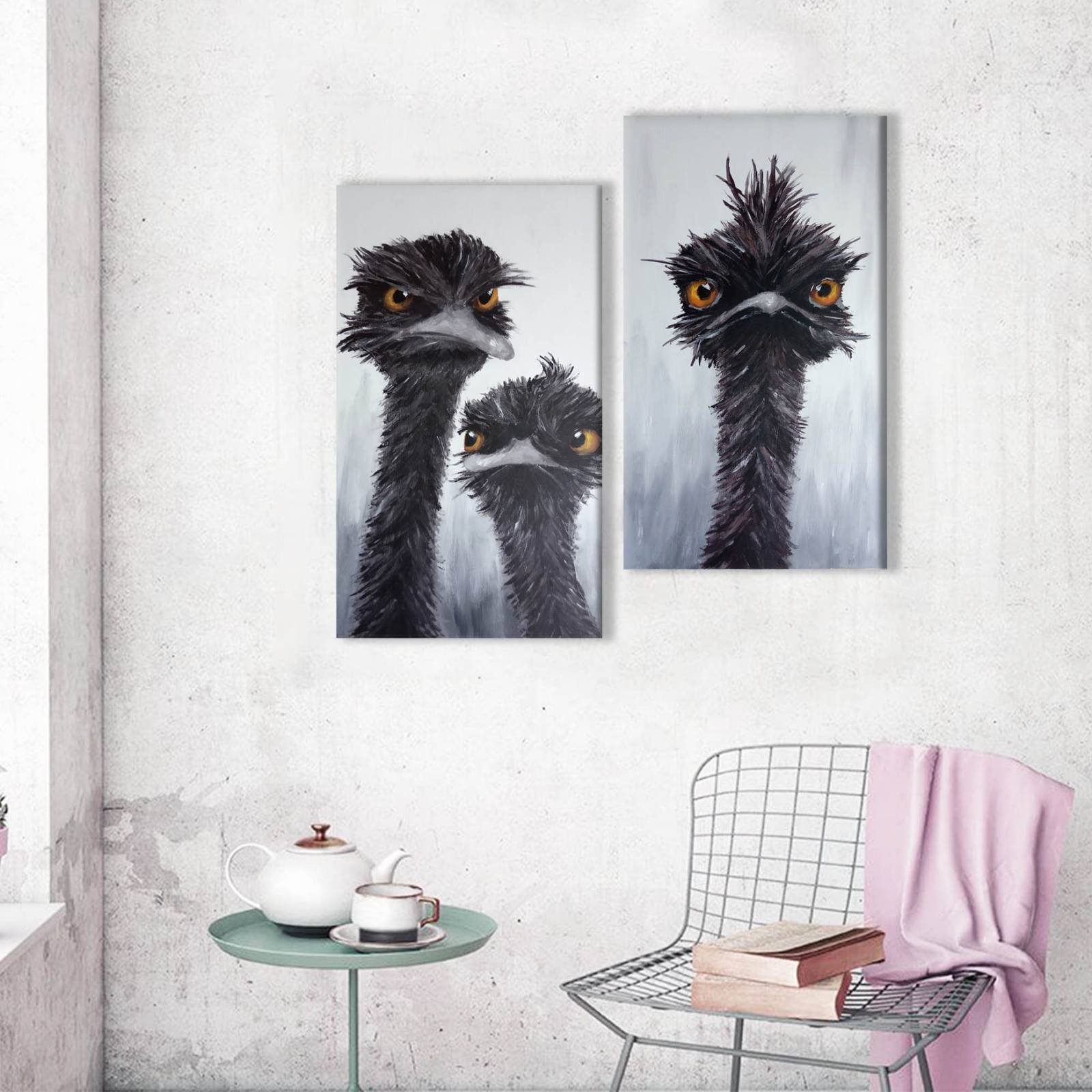 Funny ostriches acrylic Painting by Nika Babich Jose Art Gallery