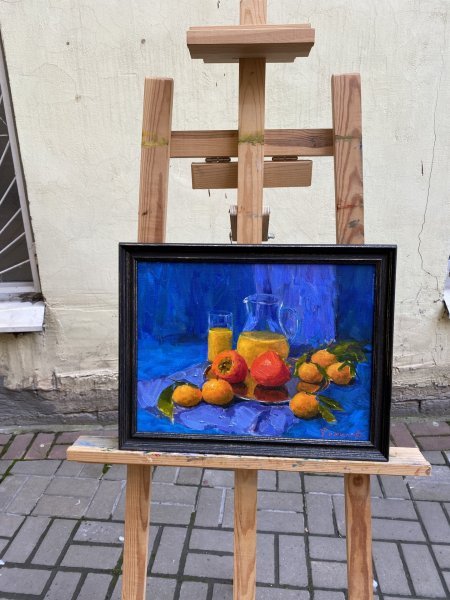 Imagen adicional 1: Moderno Naturaleza muerta Pintura "Frutas sobre un fondo azul.", pintor Alexandra DA óleo cartulina 
