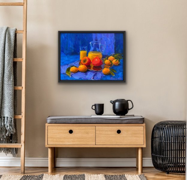 Imagen adicional 2: Moderno Naturaleza muerta Pintura "Frutas sobre un fondo azul.", pintor Alexandra DA óleo cartulina 