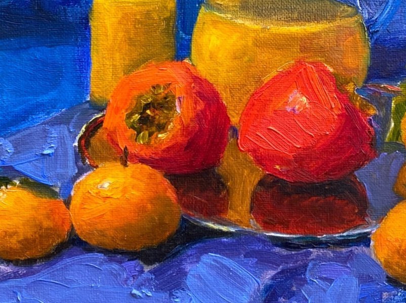 Imagen adicional 4: Moderno Naturaleza muerta Pintura "Frutas sobre un fondo azul.", pintor Alexandra DA óleo cartulina 