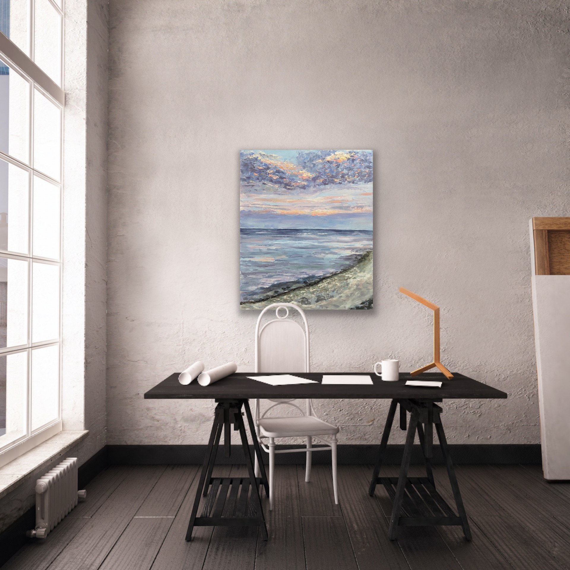 Синий закат на океанском пляже - painting