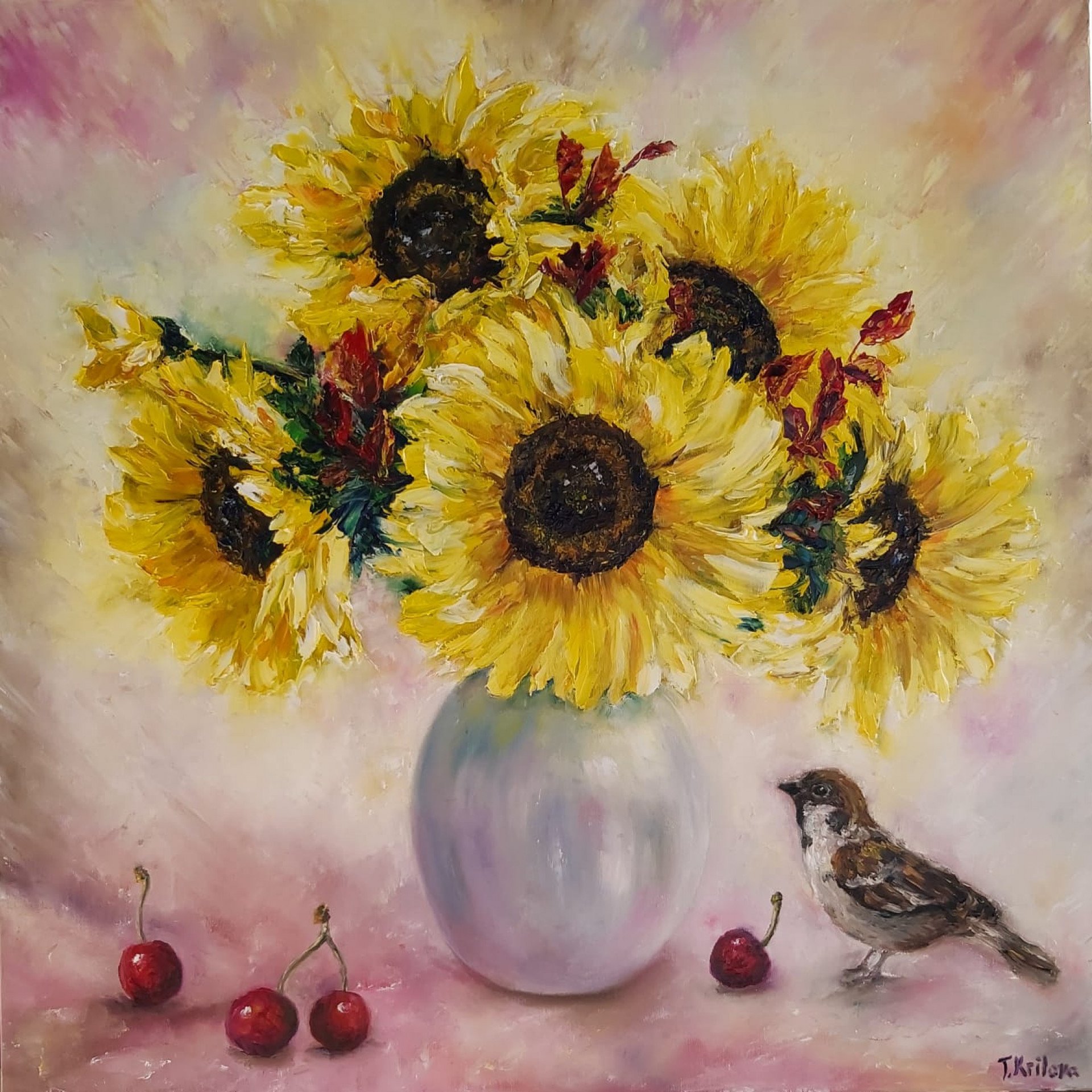 Sunflowers in a pearl vase Painting by Tatiana Krilova