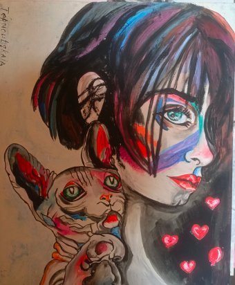 Painting "Matilda and the cat" by painter Olga Ternoutskaia acrylic canvas at Jose Art Gallery