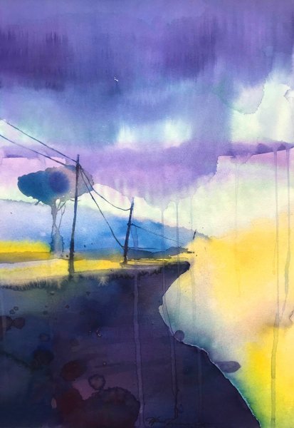 Abstract Landscape Painting Ireland. by painter Olena Drobyshewa watercolor paper 