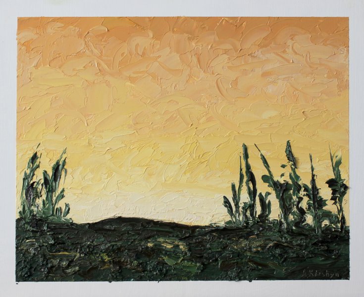 Abstract Landscape Painting Summer morning by painter Andriy Klishyn oil cardboard 