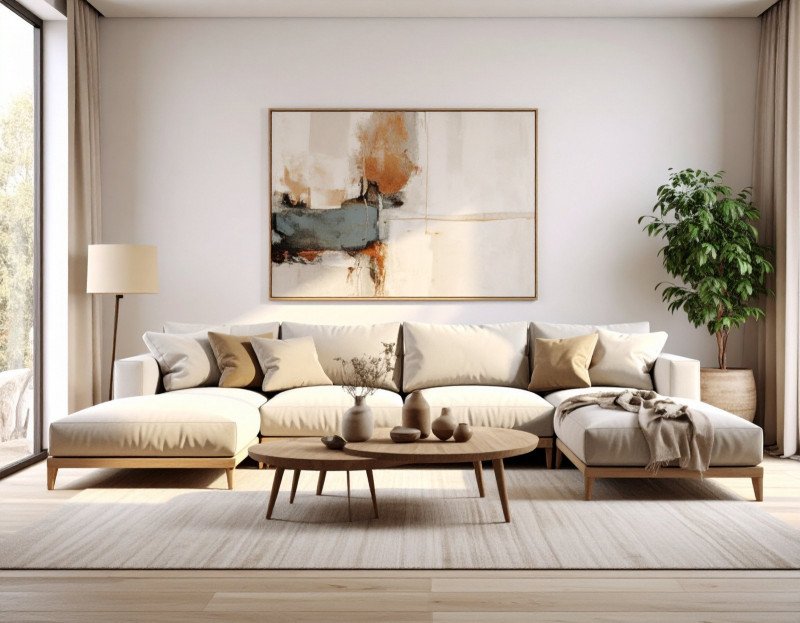 Contemporary living room with a perfectly sized abstract painting above a sofa.
