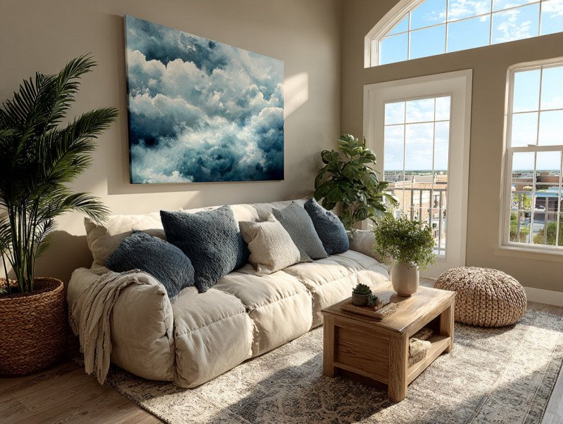 A minimalist living room with large abstract wall art above a beige couch, soft natural light, Scandinavian decor, 8k realistic.