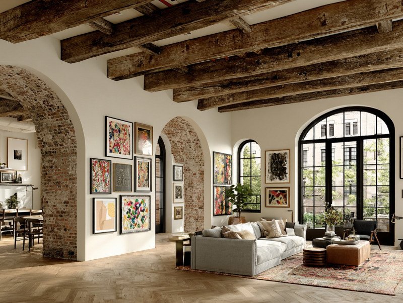 Modern living room with gallery wall of mixed-size framed modern paintings, gray sofa, neutral tones, 8k realistic.