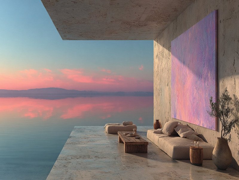 Calm contemporary bedroom with large pastel abstract painting above bed, natural morning light, minimalist decor.