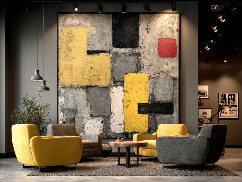 Modern loft with large vertical abstract painting on white wall