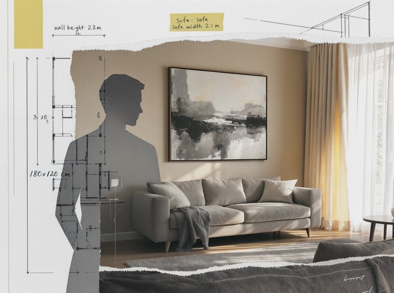 Large abstract artwork in a modern beige living room — the art becomes the centerpiece of the interior.