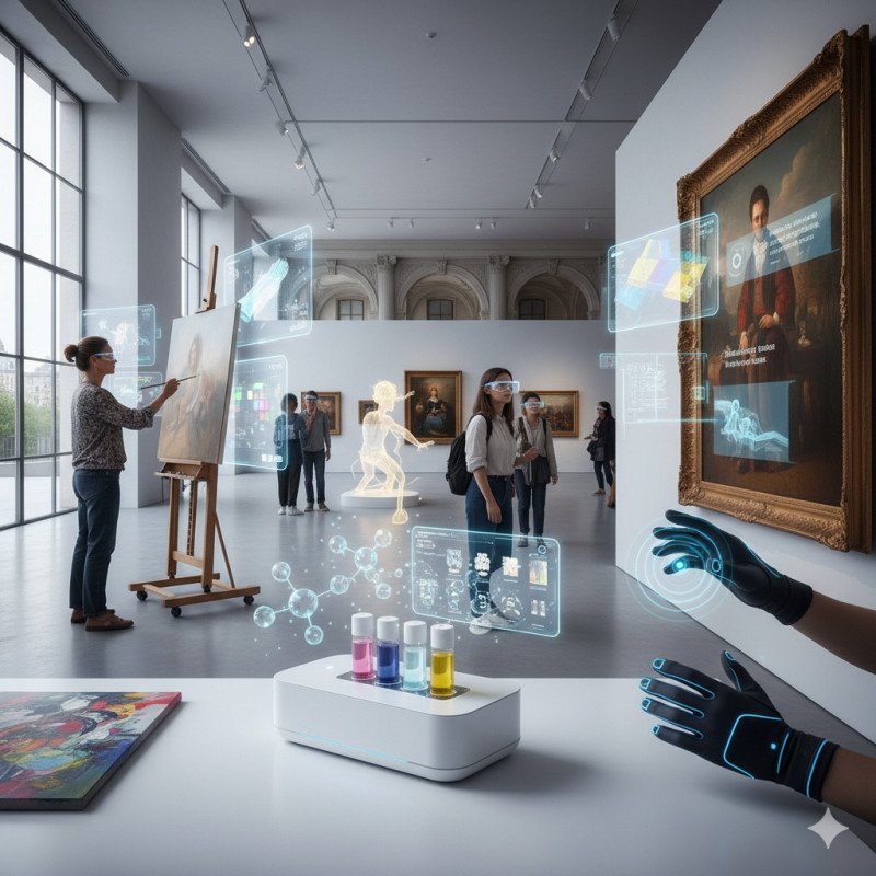Futuristic holographic art gallery with floating 3D paintings and sculptures, visitors wearing AR glasses, clean modern space with transparent displays