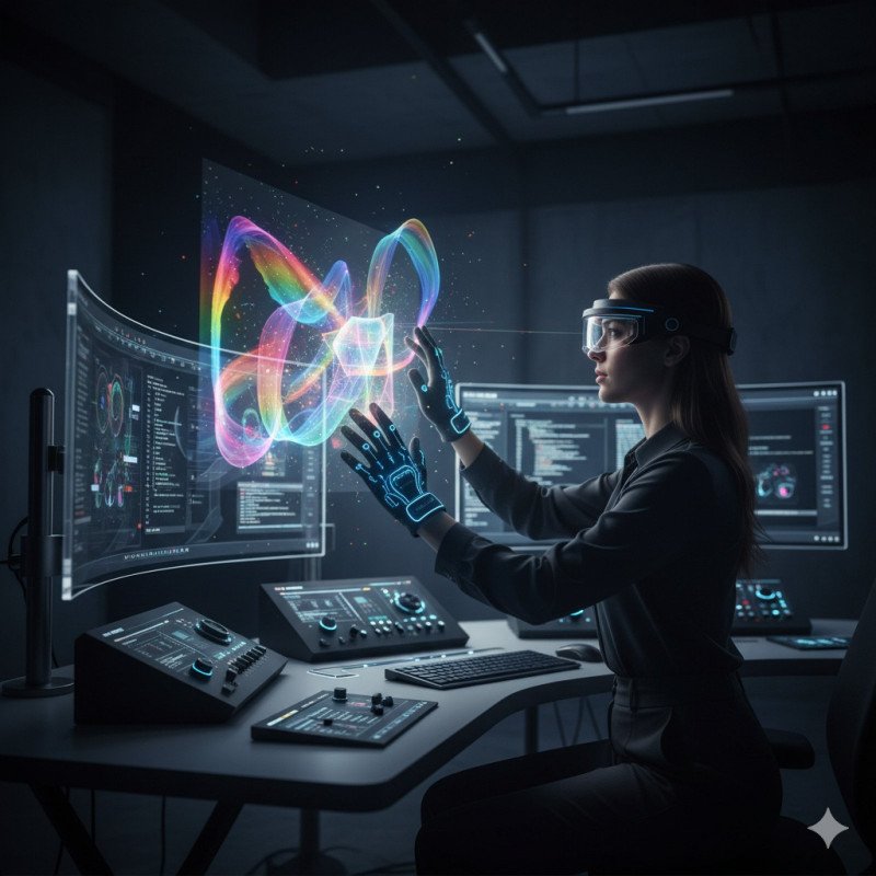 Artist creating holographic 3D artwork using light-field technology, volumetric projections floating in space, modern studio environment