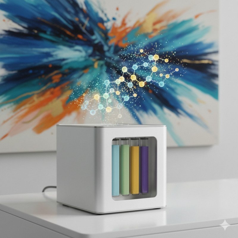Digital scent diffuser device with aromatic cartridges next to abstract painting, molecular structure visualization, modern minimalist setup