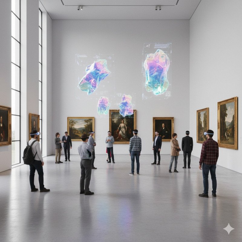 Modern hybrid gallery space with traditional paintings on walls and holographic art floating between them, visitors with and without AR devices, seamless blend of physical and digital